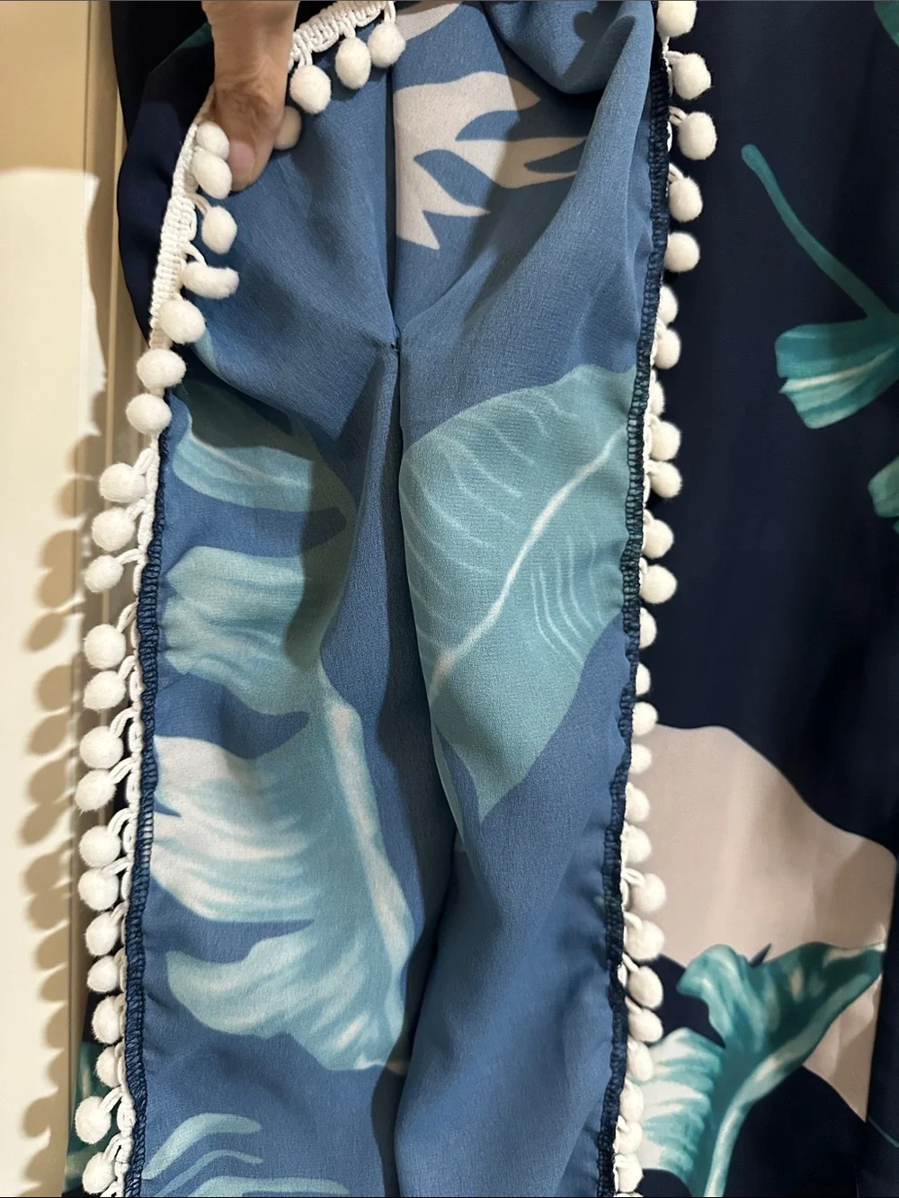 ADREAMLY Tropical Leaf Pom Pom Kimono Cover Up, Navy & Teal, Boho Beach